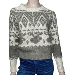 Line Women’s Size M Beige Grey Reindeer Fair Isle Chunky Knit Slouch Sweater